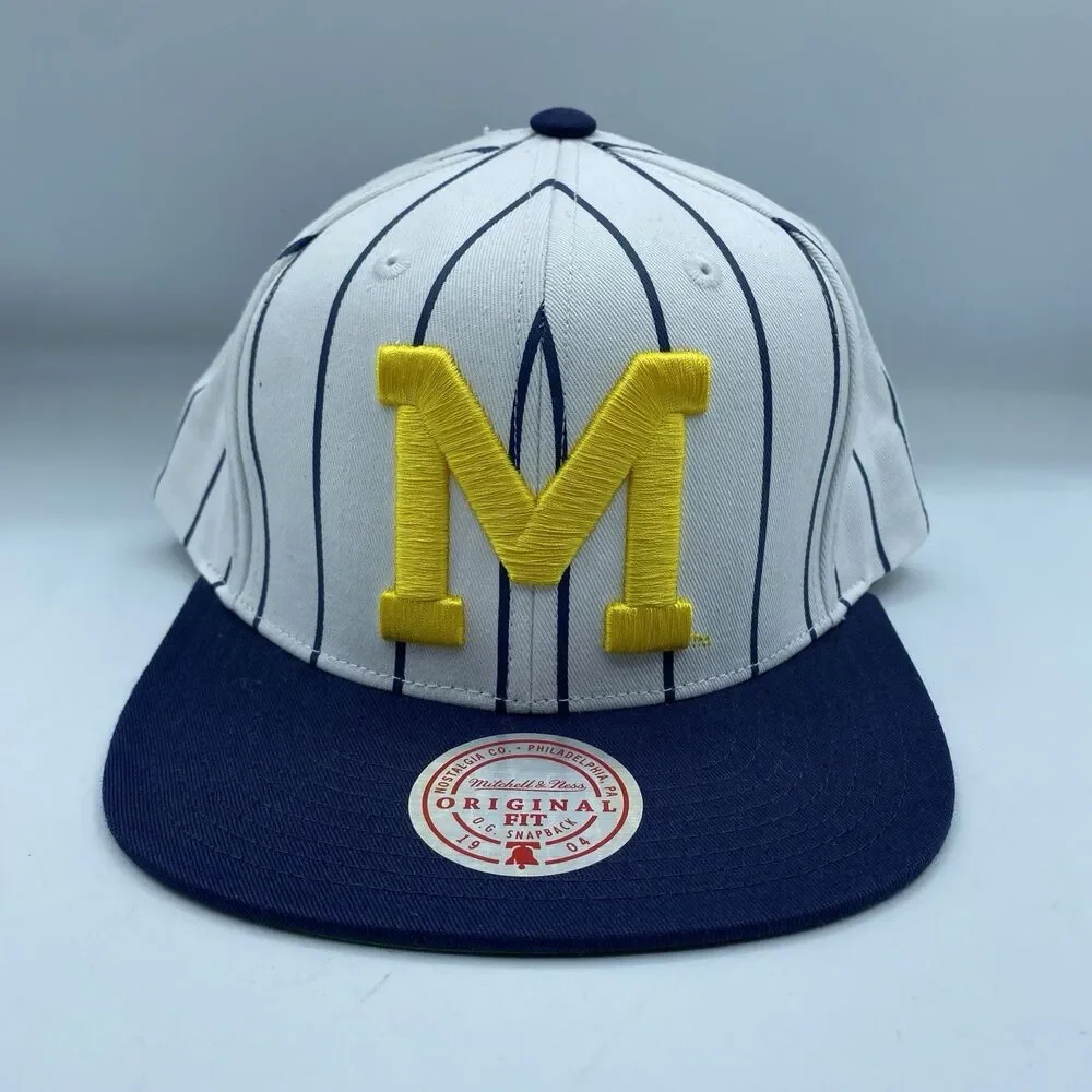 Michigan Wolverines Mitchell & Ness Hat Retro Pinstripe Snapback White Blue NWOT
